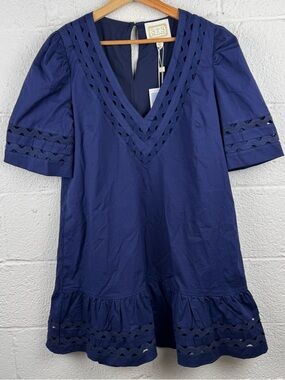 Sail to Sable V-Neck Puff Sleeve Dress Navy Eyelet Trim Size M NWT